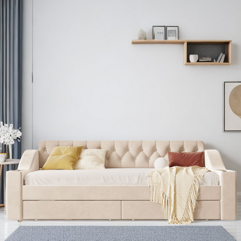 Azekiel Upholstered Tufted Daybed with Two Drawers and USB Ports, Beige
