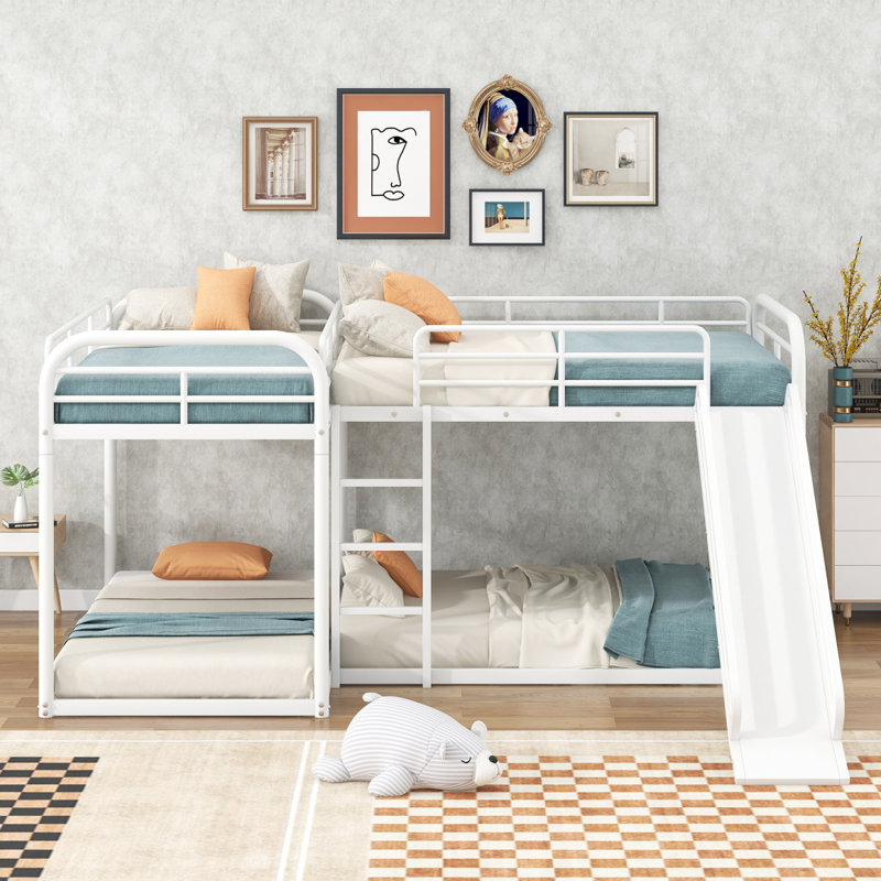 Lit superposé en L pour lit simple et double avec toboggan et échelle courte, blanc
