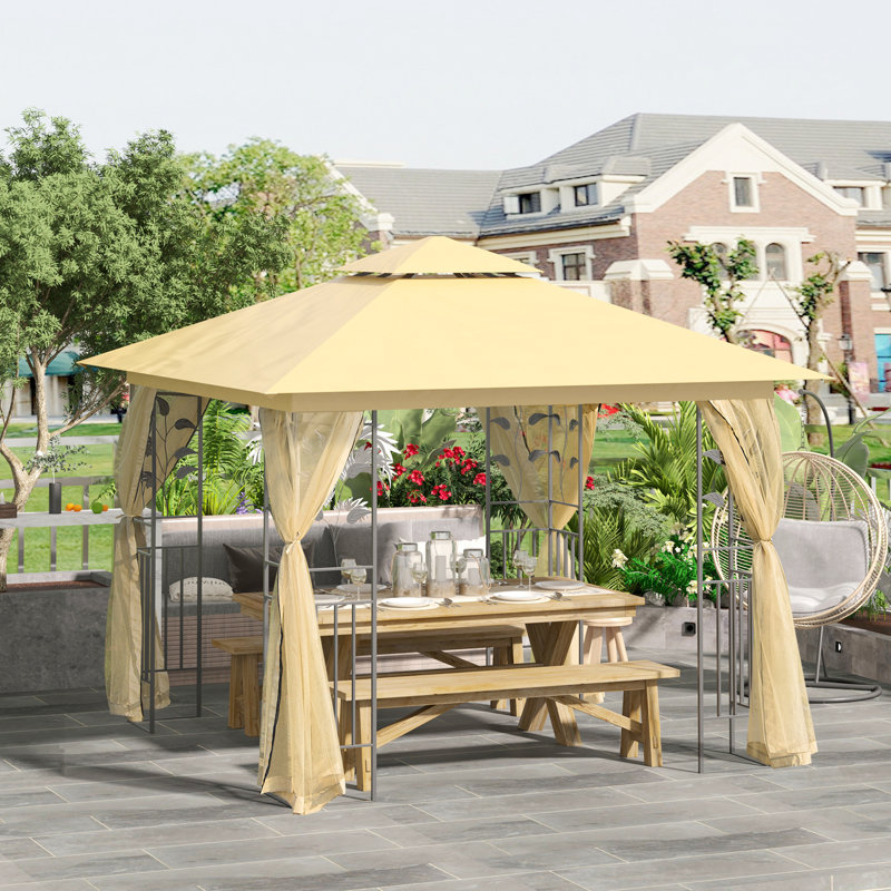 Metal Patio Gazebo, Double Roof Outdoor Gazebo Canopy Shelter With Tree Motifs Corner Frame And Netting, Beige