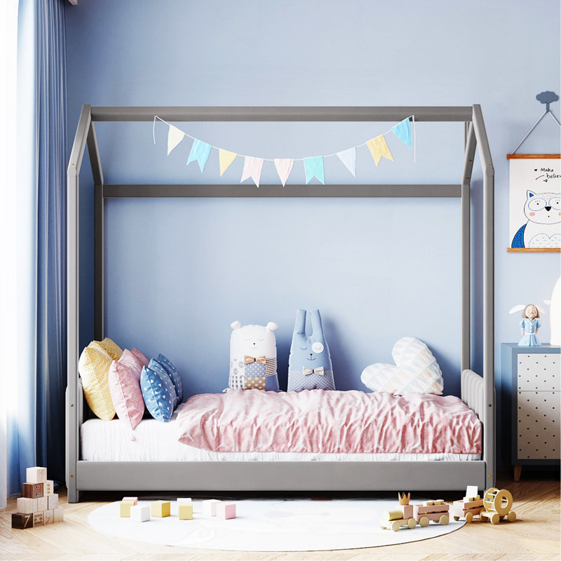 Lit simple en bois et velours, gris, Gris, Twin