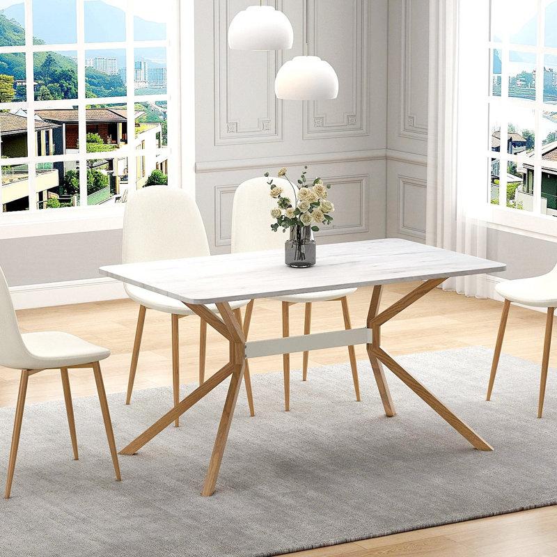 Table de salle à manger rectangulaire 55,5 po à grain de bois blanc avec base en métal pour la cuisine, la salle à manger et le salon