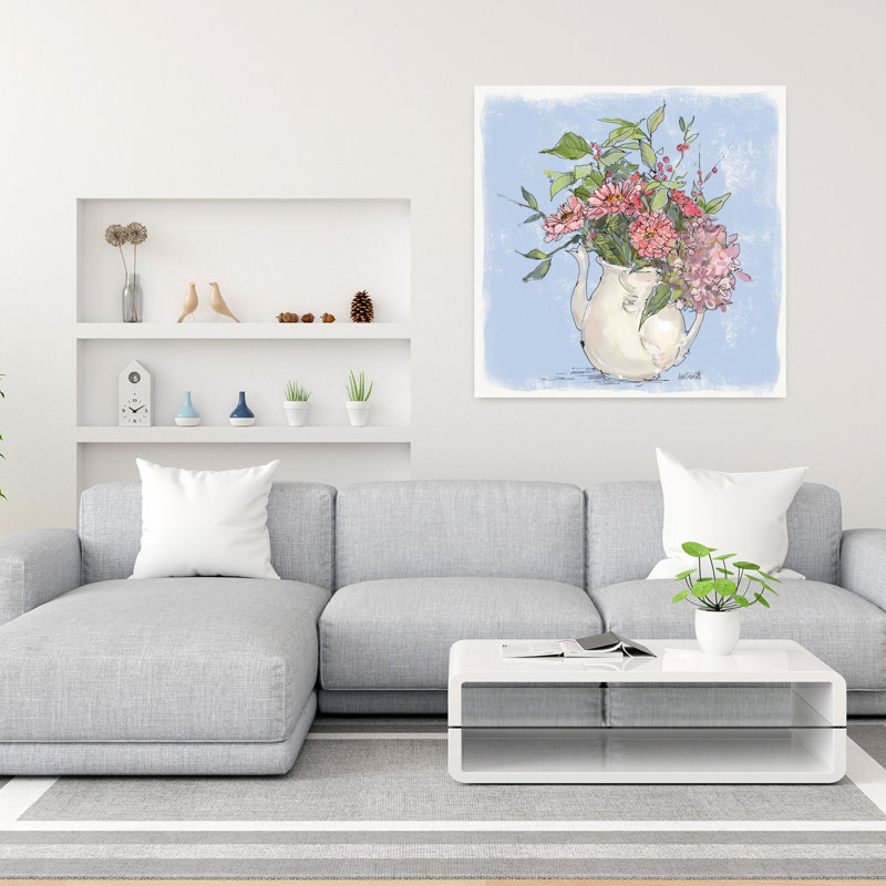 Bouquet contemporain dans un pichet avec art bouquet bleu, H 36 po x l 36 po