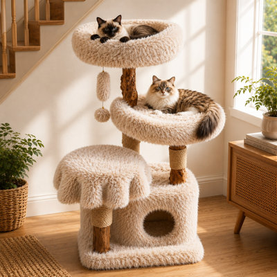 Artisan Solid Wood Cat Tree with Luxe Faux Fox Fur, Private Condo and Removable Cushions for Large Cats, 47.6" H