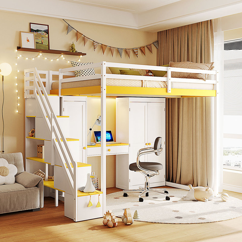 Lit mezzanine double avec escalier de rangement, Blanc / jaune