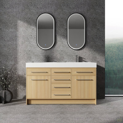 Meuble-lavabo autoportant de 60 po avec lavabo double en résine, 2 portes à fermeture douce et 6 tiroirs à fermeture douce, contreplaqué original