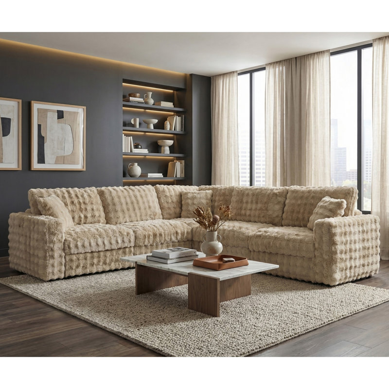 Canapé modulaire avec coussin décoratif Judy, Beige Faux Fur