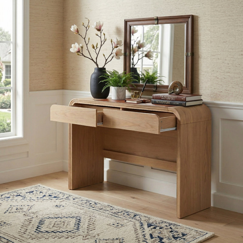 Curved Edge 47.24" Wide Natural MDF Console Table with 2 Drawers, Natural