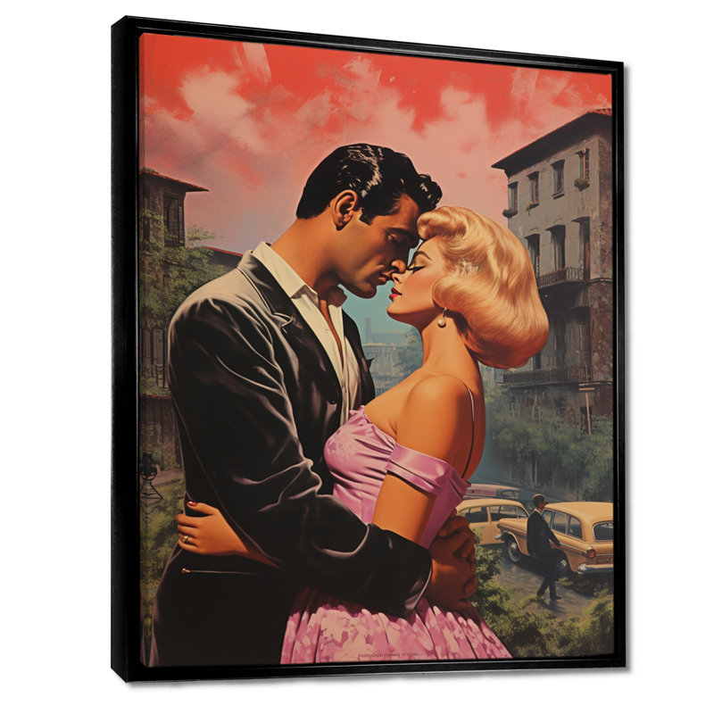 Film rétro couple coucher de soleil rouge en milieu urbain - Couple, art mural, Toile avec cadre flottant noir
