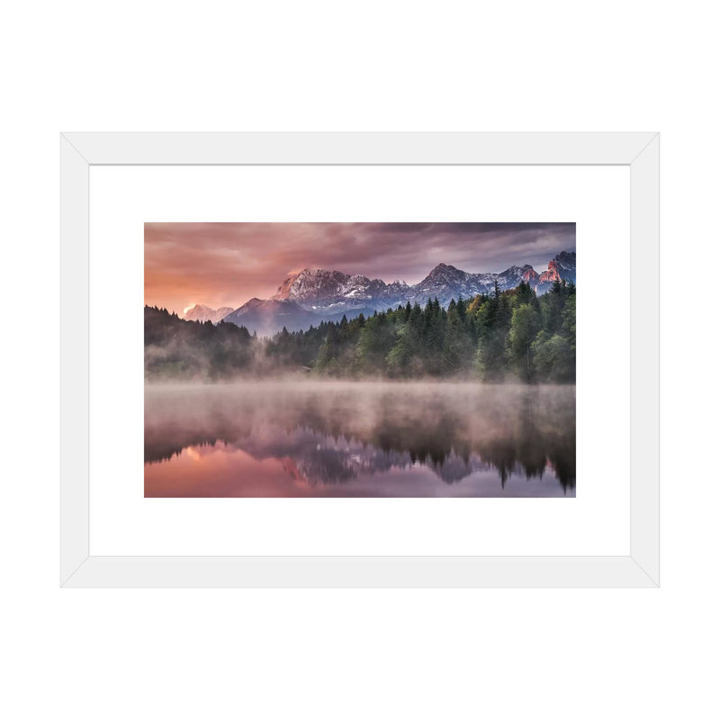 Lever de soleil sur le lac - reproduction d'art, H 16 po x l 24 po x P 1 po, Papier beaux-arts encadré blanc