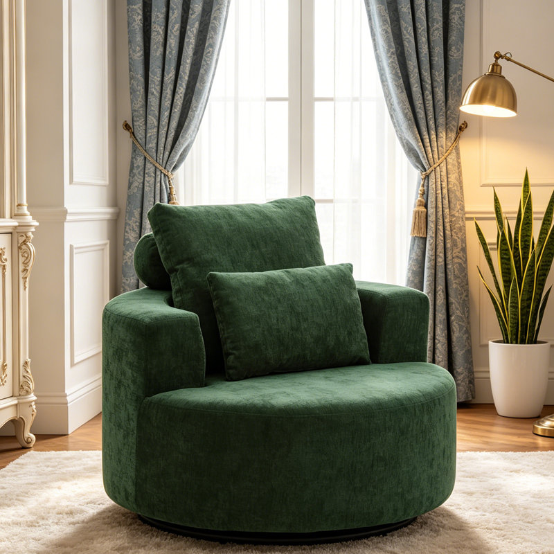 Fauteuil d'appoint surdimensionné en tonneau, canapé pivotant rond pivotant à 360 °, éponge haute résilience en chenille, siège large sans assemblage