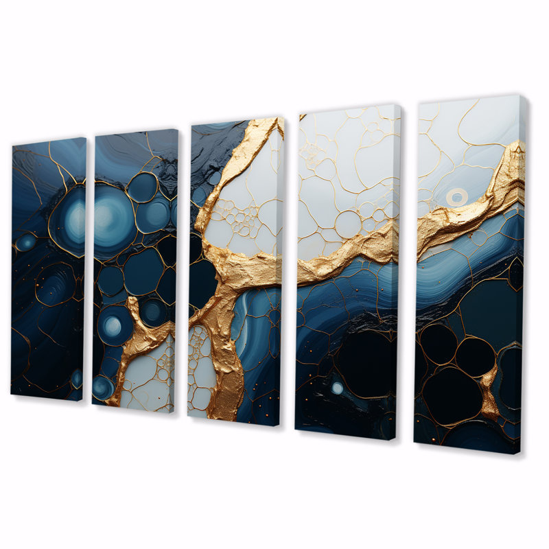 Ensemble de 5 décorations murales en marbre doré et bleu Essence Magic II - marbre abstrait, H 32 po x l 80 po