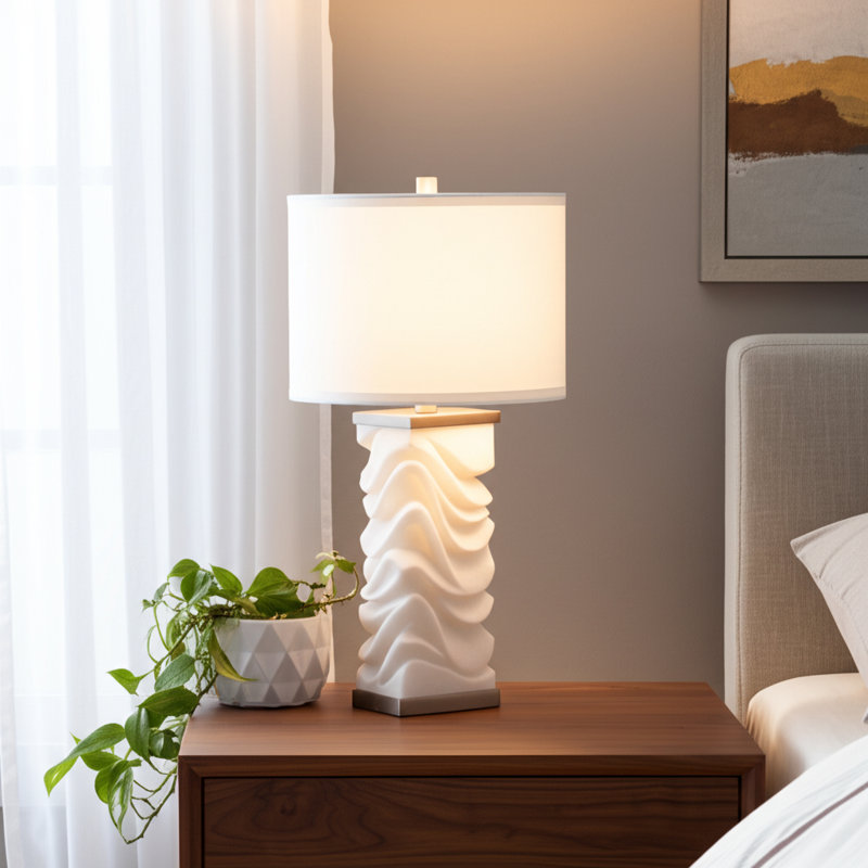 Table Lamp Stone Non-Woven Fabric Quartz Sculpted Wave Base Home Office Bedroom Living Room Lighting - 30" White
