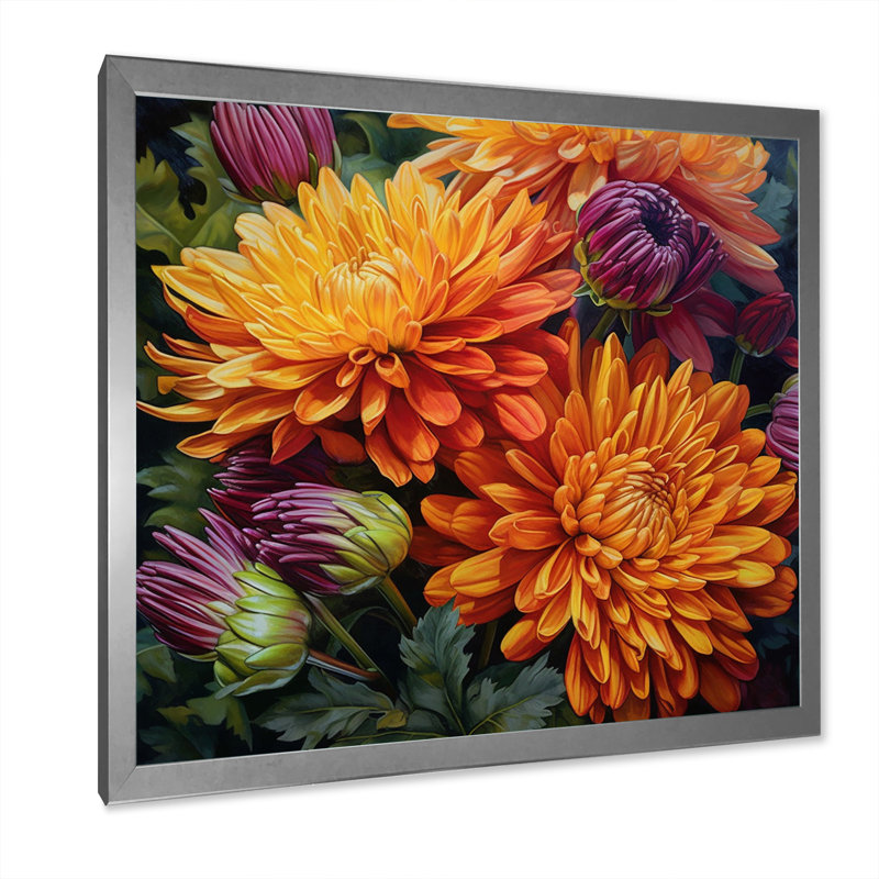 Orange mamans mauves en fleurs sur toile, Cadre simple argenté, H 36 po x l 36 po x P 1,5 po