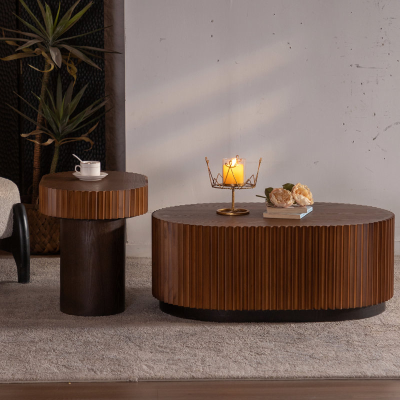Table basse gigogne ronde de 2 avec relief ondulé élégant, idéale pour le salon comme table d'appoint ou de chevet, en bois massif +, assemblage rapide à la main - fabriqué à la main moderne 2, fait à la main multifonctionnel