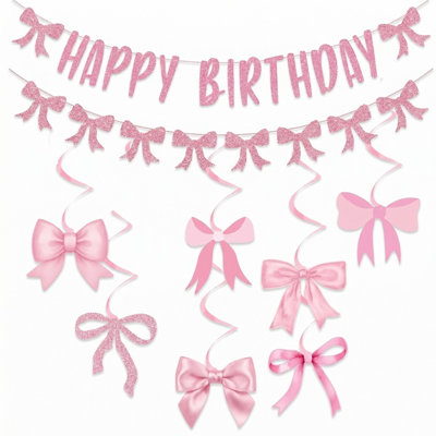 Pink Bow Glitter Happy Birthday Banner and Hanging Swirls Pink Bow Birthday Decorations