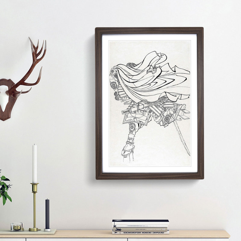 Running Warrior by Katsushika Hokusai - Picture Frame Drawing Print, 48cm H x 36cm W x 2cm D, Walnut Framed