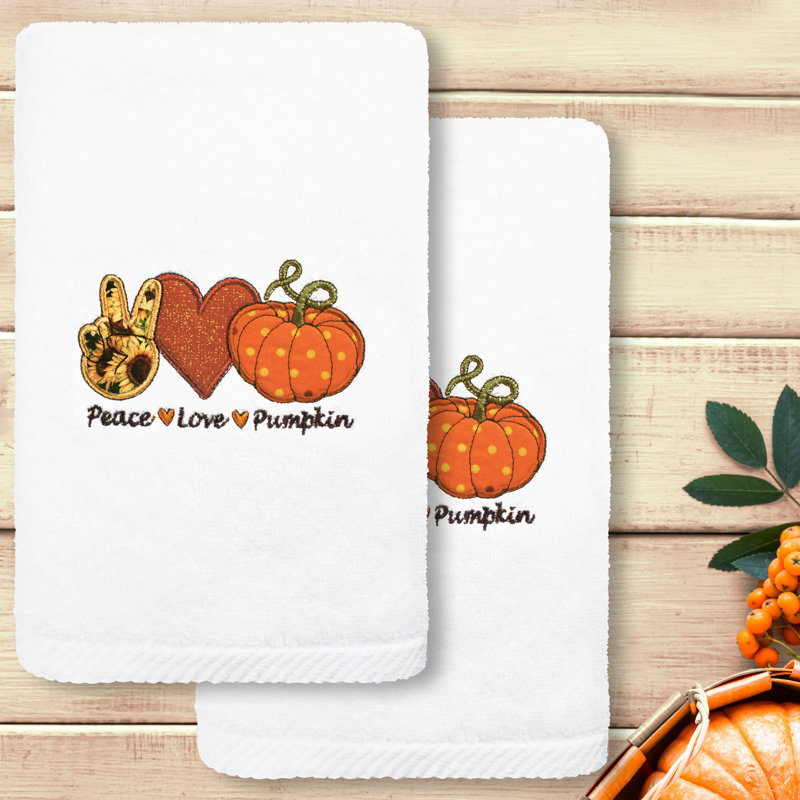  Peace*Love*Pumpkin 2 Piece Turkish Cotton Hand Towel Set, White