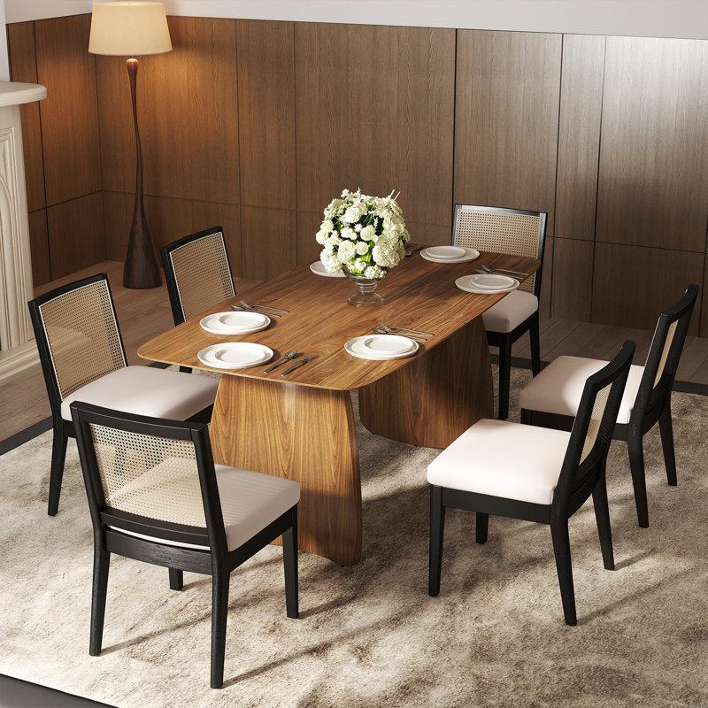 Dining Set, Mid-Century Modern Wooden Table & Upholstered Chair Set For Home, Kitchen, Dining Room, Walnut