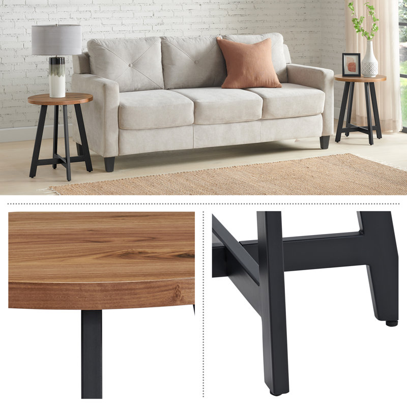 Ensemble de tables de bout - 2 tables d'appoint rondes industrielles avec dessus en panneau de fibres à densité moyenne et cadres en métal - pour le salon, la chambre à coucher ou le dortoir