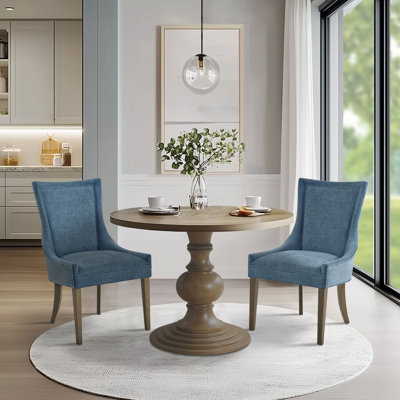 Ultra Blue Upholstered Dining Chairs with High-Back Design and Solid Wood Legs
