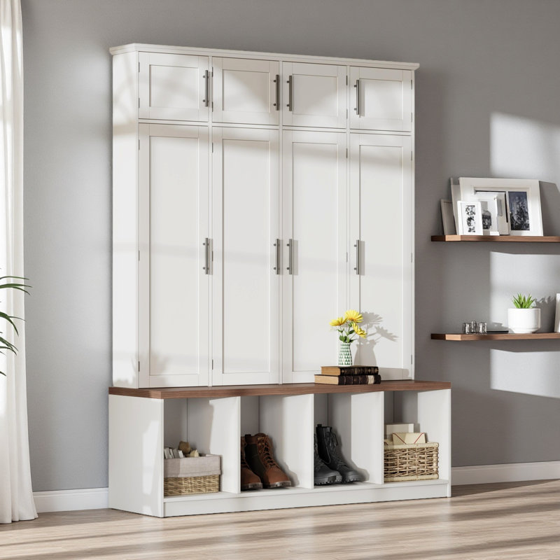 Farmhouse Hall Tree With 4 Hidden Hanging Hooks, Versatile Walnut Seating Bench With 8 Doors, Entryway Shoe Cabinet With Open Compartment For Living Room
