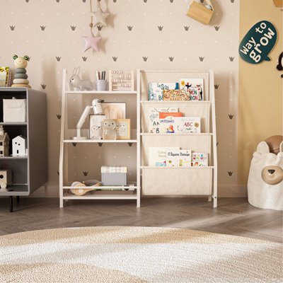 Bibliothèque pour enfants et rangement pour jouets, bibliothèque Montessori pour tout-petits, étagère à livres en bois et en tissu avec sécurité anti-basculement