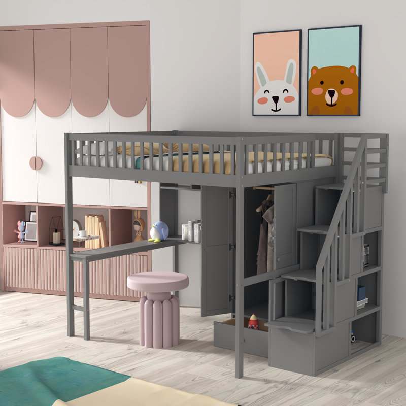 Giacopo Kids Full Loft Bed with Drawers, Gray