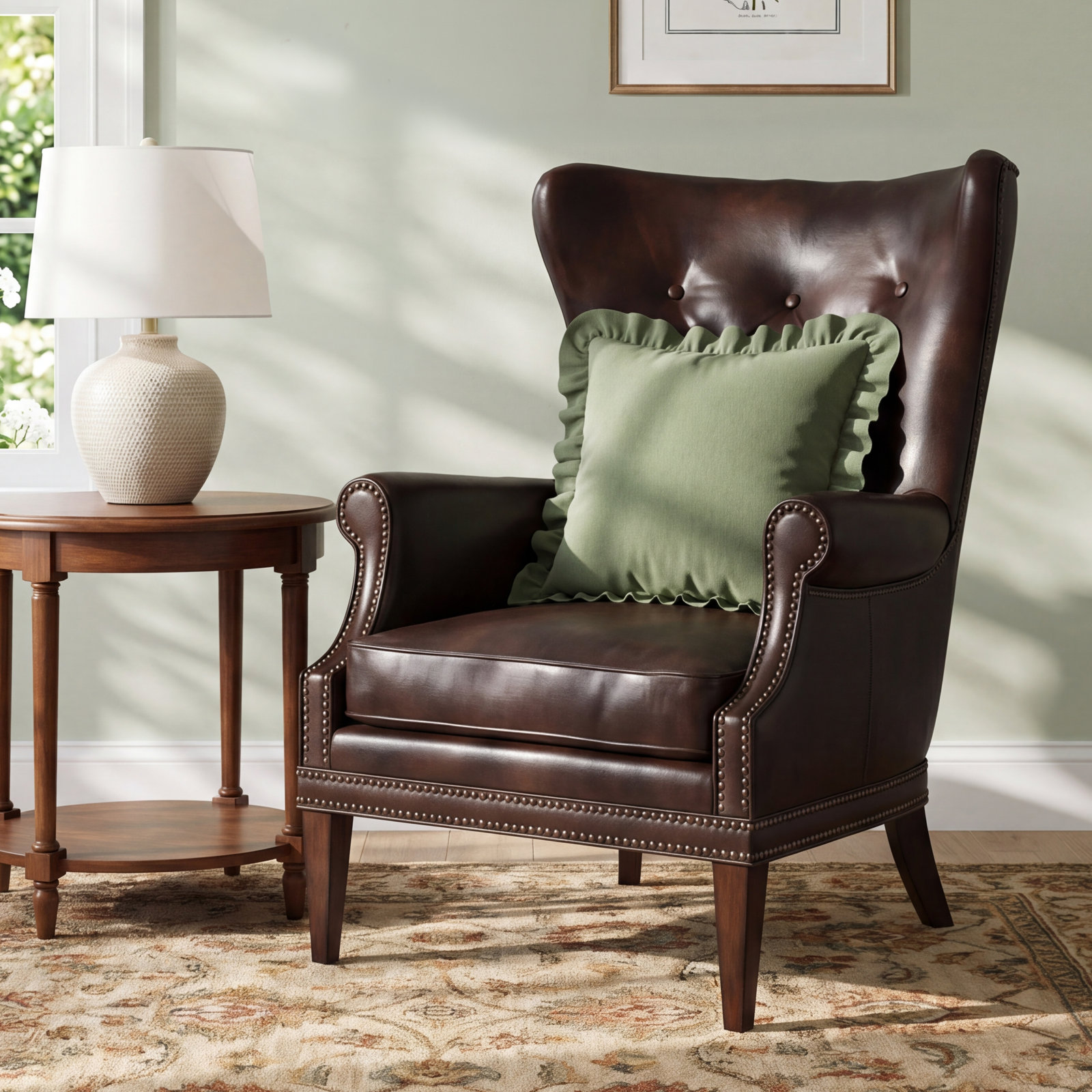 Maya Upholstered Wingback Chair, Memento Event Dark Brown Genuine Leather