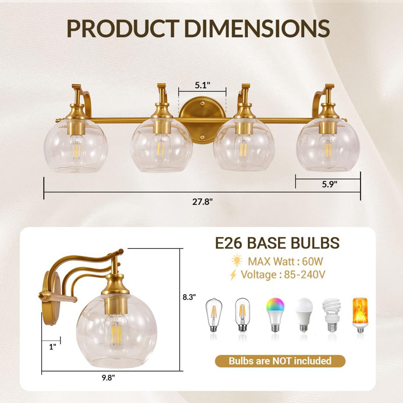 Modern Globe Clear Glass Bathroom Vanity Light Fixture with Metal Gooseneck Frame, 4, Brushed Gold