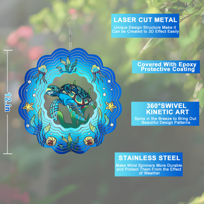Tortue de mer Hoxsie moulin à vent mandala 3D en acier inoxydable découpé au laser en métal motif à suspendre vent, cadeau de fête des mères