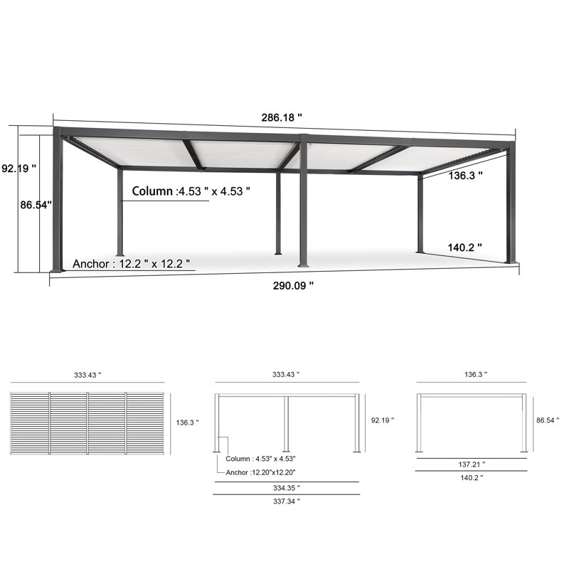  Cadre de toit en forme de pergola en aluminium 11 po x 28 pi, Blanc / Gris