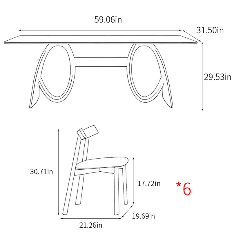 Ensemble de table de salle à manger rectangulaire de style italien, H 29,53 po x L 59,06 po x l 31,5 po