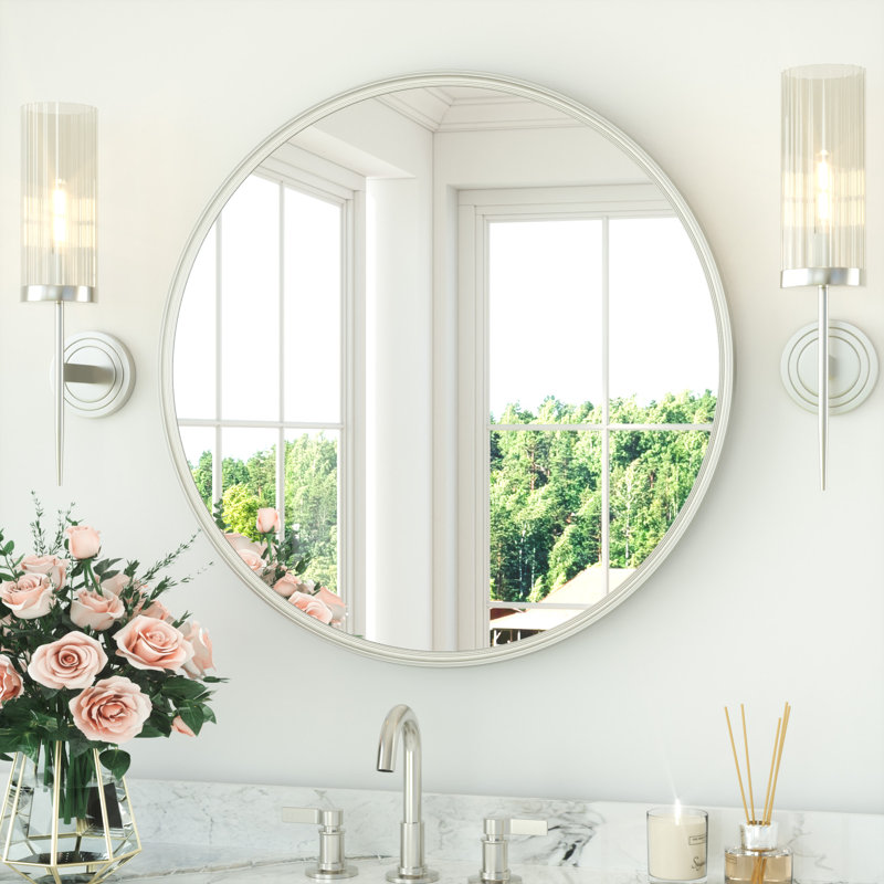 Round Bathroom Mirror with Tempered Glass, 28" x 28", Nickel
