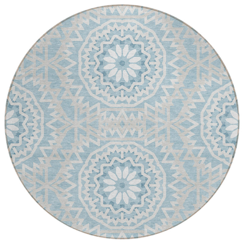 Khiron Washable Geometric Indoor / Outdoor Rug, Round 8'