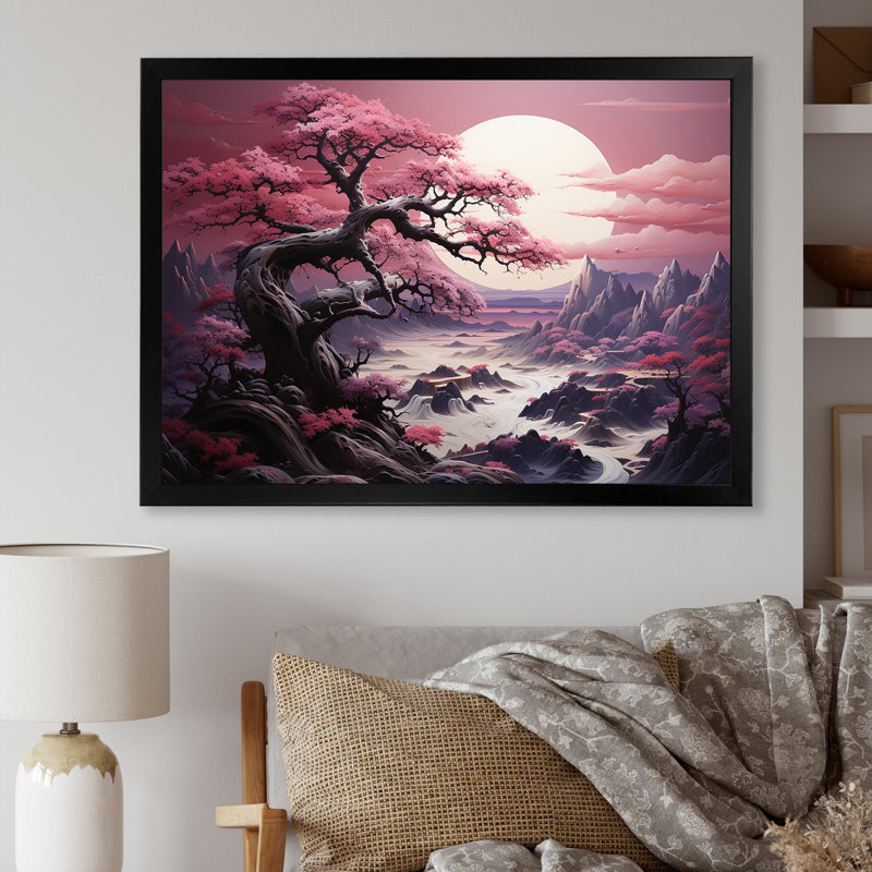 Fleur de cerisier mauve au bord du lac III - Art mural cerisier en fleurs, Cadre d'angle fermé noir