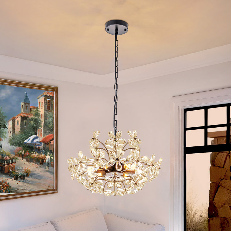 Kuol 6-Light Dimmable Champagne Flower Crystal Empire Chandelier, Matte Black