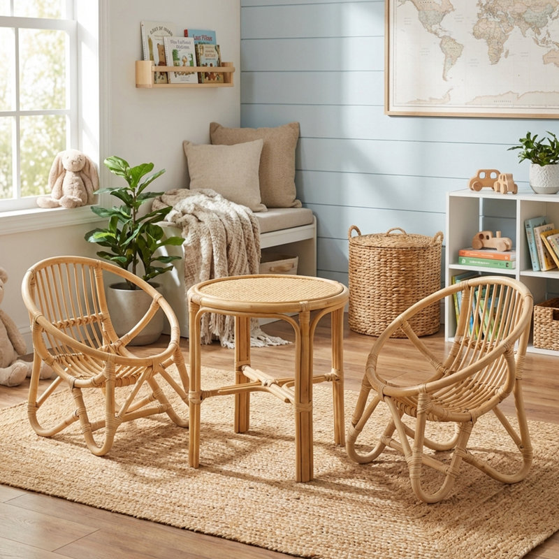 Ensemble 3 pièces de table et chaises en rotin