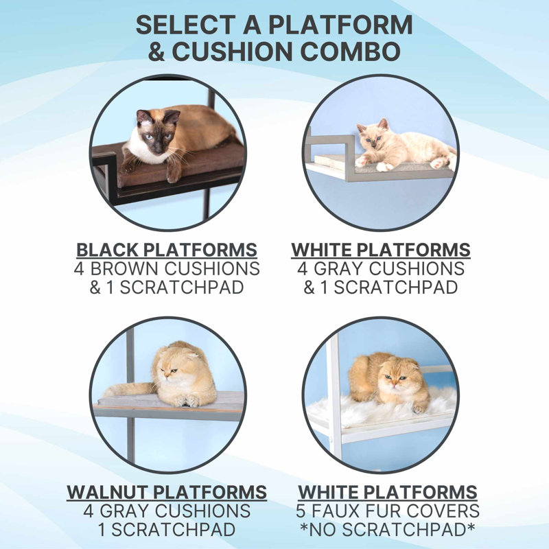 62" Metropolitan Cat Condo - Metal Frame Modern Cat Tower with Replaceable Cushions, Black Frame with White Faux Fur, Black