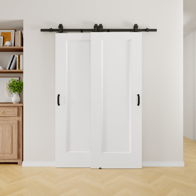 Portes doubles de grange coulissantes 80 "à 1 panneau et à noyau creux apprêté blanc H 80" avec trousse de quincaillerie - Aucun assemblage requis