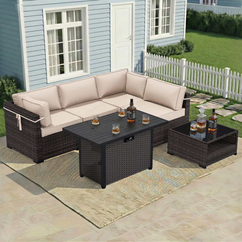 4-Person All-Weather Rattan Modular Patio Lounge Furniture Set with Cushions and Fire Pit Table, Beige, Brown/Gray