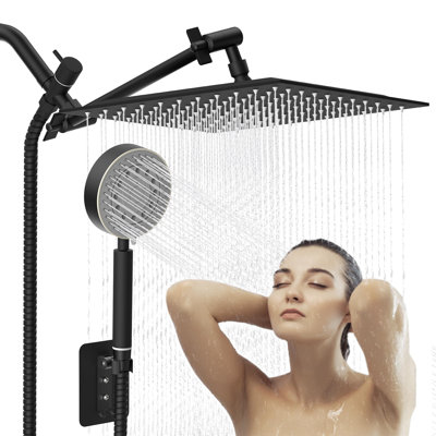 Pomme de douche à pluie haute pression 10 po avec combiné à main, bras d'extension réglable de 11 po et douche à main réglable SUS 304 à 5 réglages, boyau de 59 po, support de douche 2-en-1