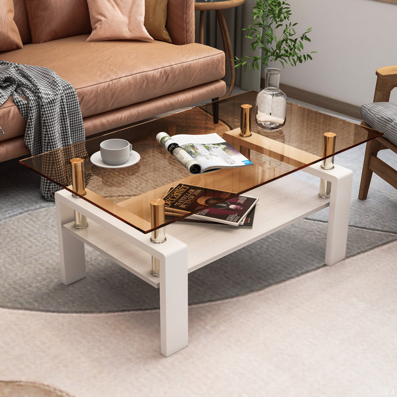 Table basse rectangulaire avec plateau de rangement en verre trempé et panneau de fibres à densité moyenne Fraiya, Brun