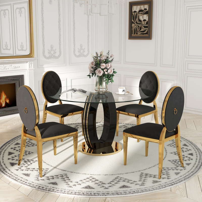 Modern Round Tempered Glass Pedestal Dining Set with Velvet Tufted Dininig Chair, Black/Gold, Black/Gold