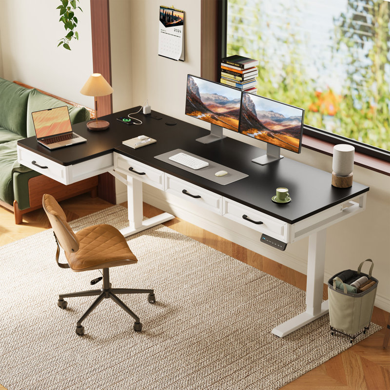 L-Shaped Standing Desk With Integrated Charging Station, Height Adjustable Desk With Four Wooden Drawers, Standing Desk With Memory Controller