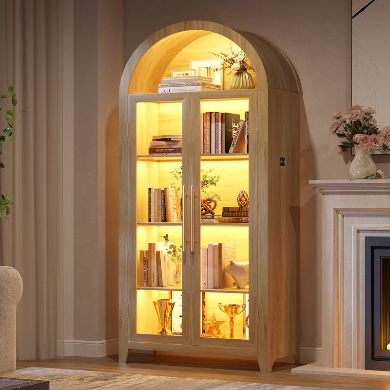 Freestanding Arch Display Cabinet with 3-Color Light Modes and Motion Sensor, Oak