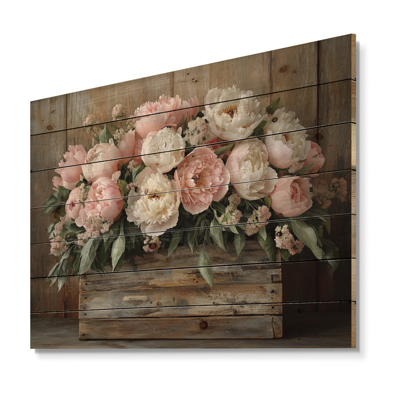 Farmhouse Chic Bouquet II - Peonies Wood Wall Art - On Natural Pine Wood, 34" H x 44" W x 0.78" D