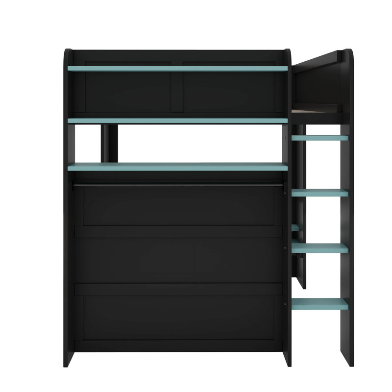 Lit superposé double en bois pleine grandeur avec bureau réglable, garde-robe, tiroirs, tablettes, port de chargement USB et éclairage à DEL RVB
