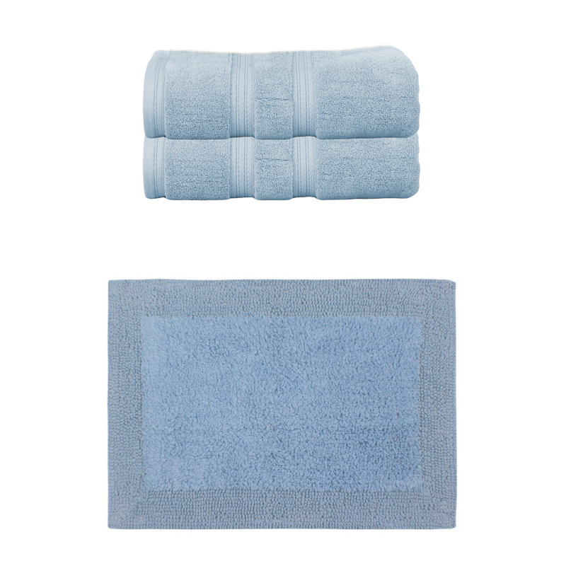 Ensemble de serviettes de bain 100% coton 2 pièces Buariki Collection et tapis de bain 1 pièce Buariki Collection, Bleu