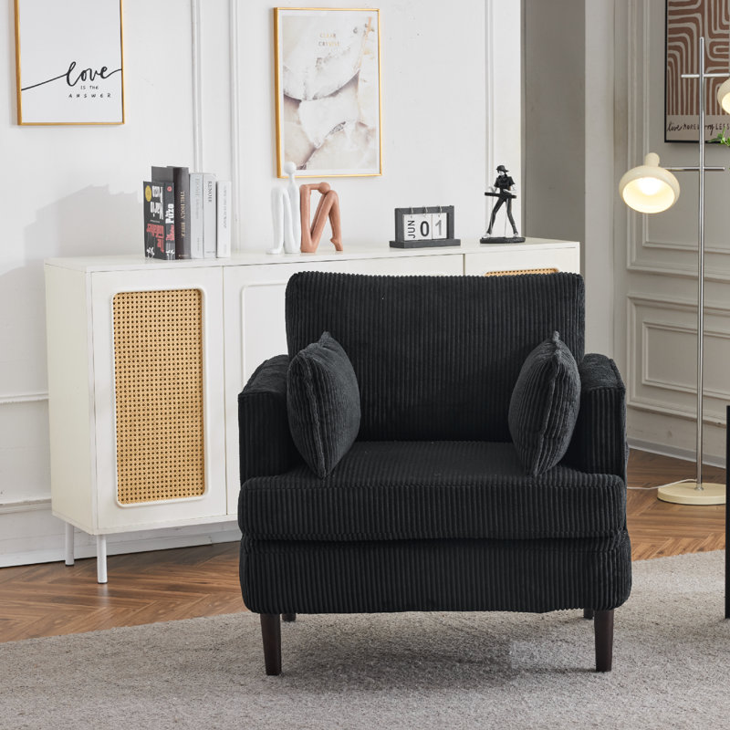 Mid-Century Modern Corduroy Barrel Accent Chair , Black Corduroy