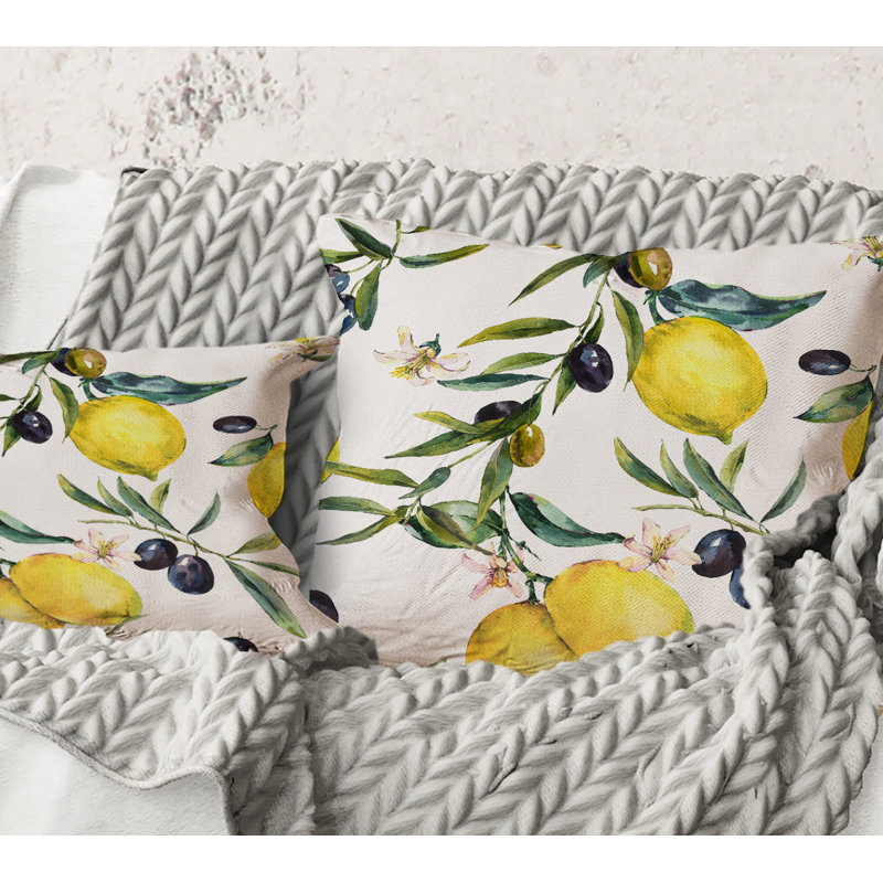 Carré, citron et olive II - Coussin décoratif à imprimé tropical, 18" x 18"
